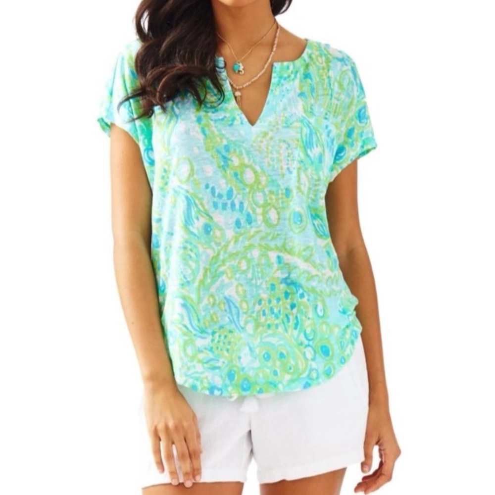 Lilly Pulitzer Duval Notch Neckline Linen Top - Pool Blue Any Fins Possible